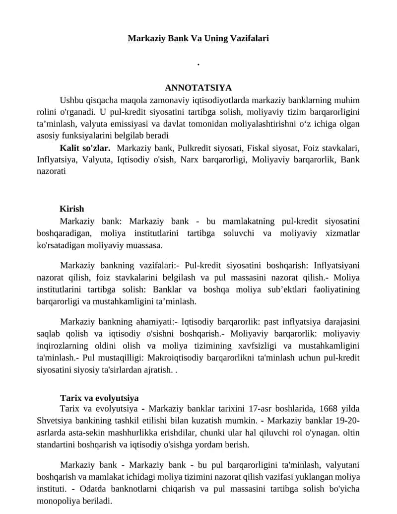 Markaziy Bank Va Uning Vazifalari