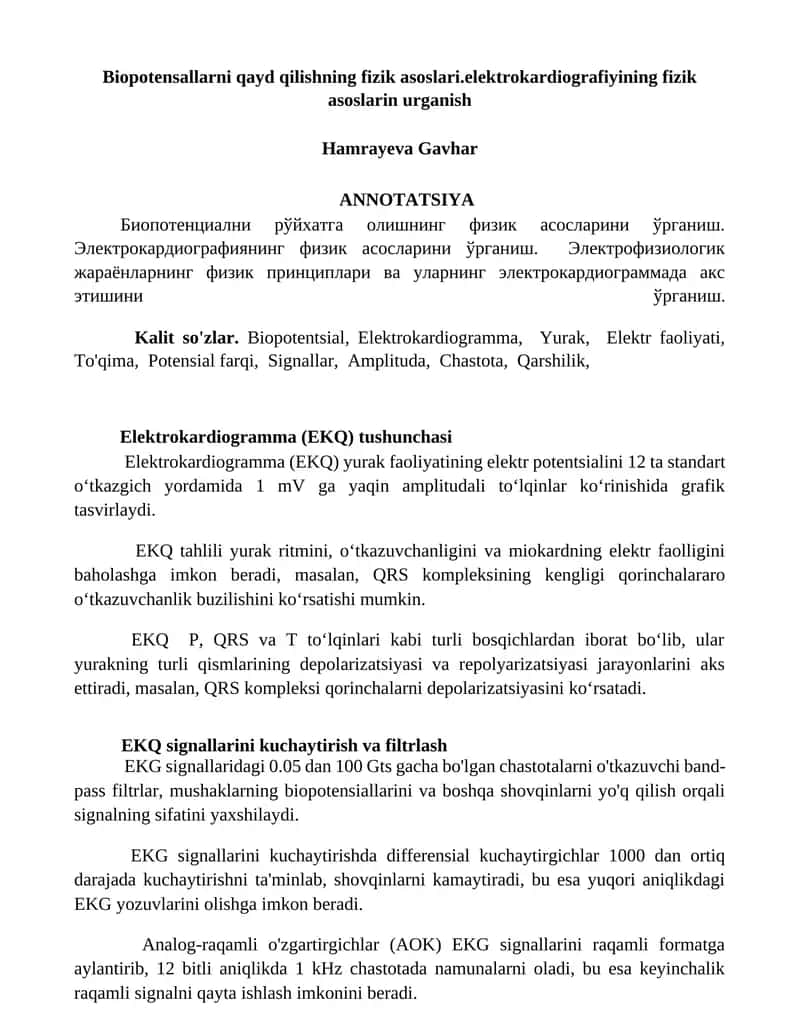 Biopotensallarni qayd qilishning fizik asoslari