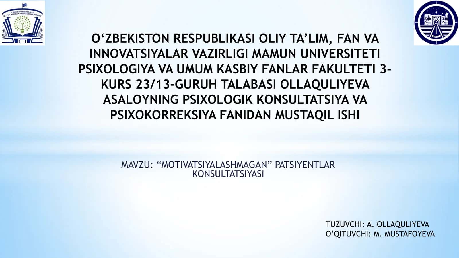 “MOTIVATSIYALASHMAGAN” PATSIYENTLAR KONSULTATSIYASI