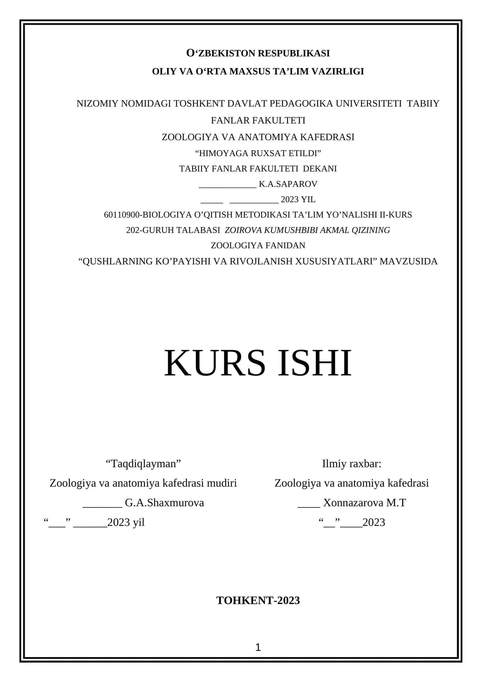QUSHLARNING KO’PAYISHI VA RIVOJLANISH XUSUSIYATLARI