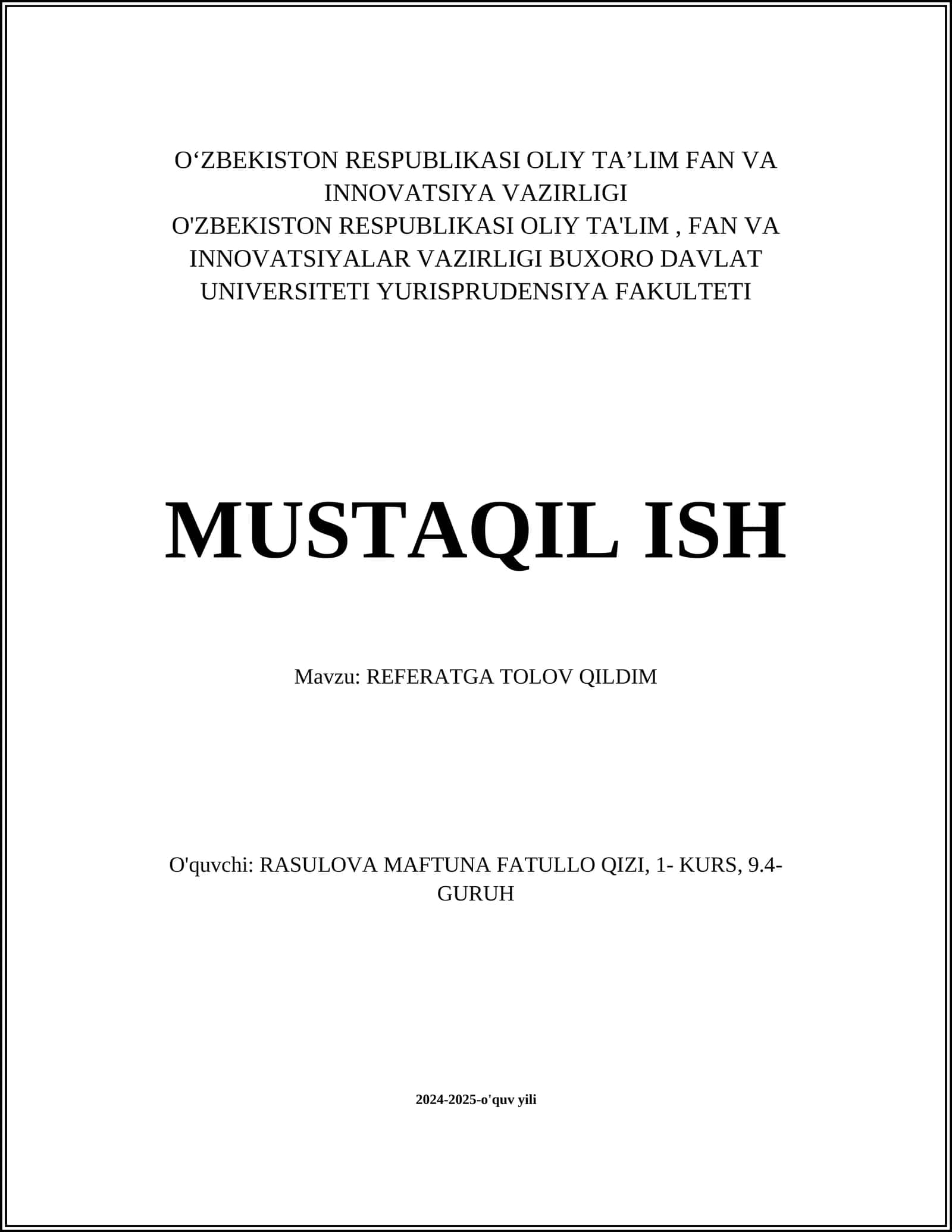 REFERATGA TOLOV QILDIM