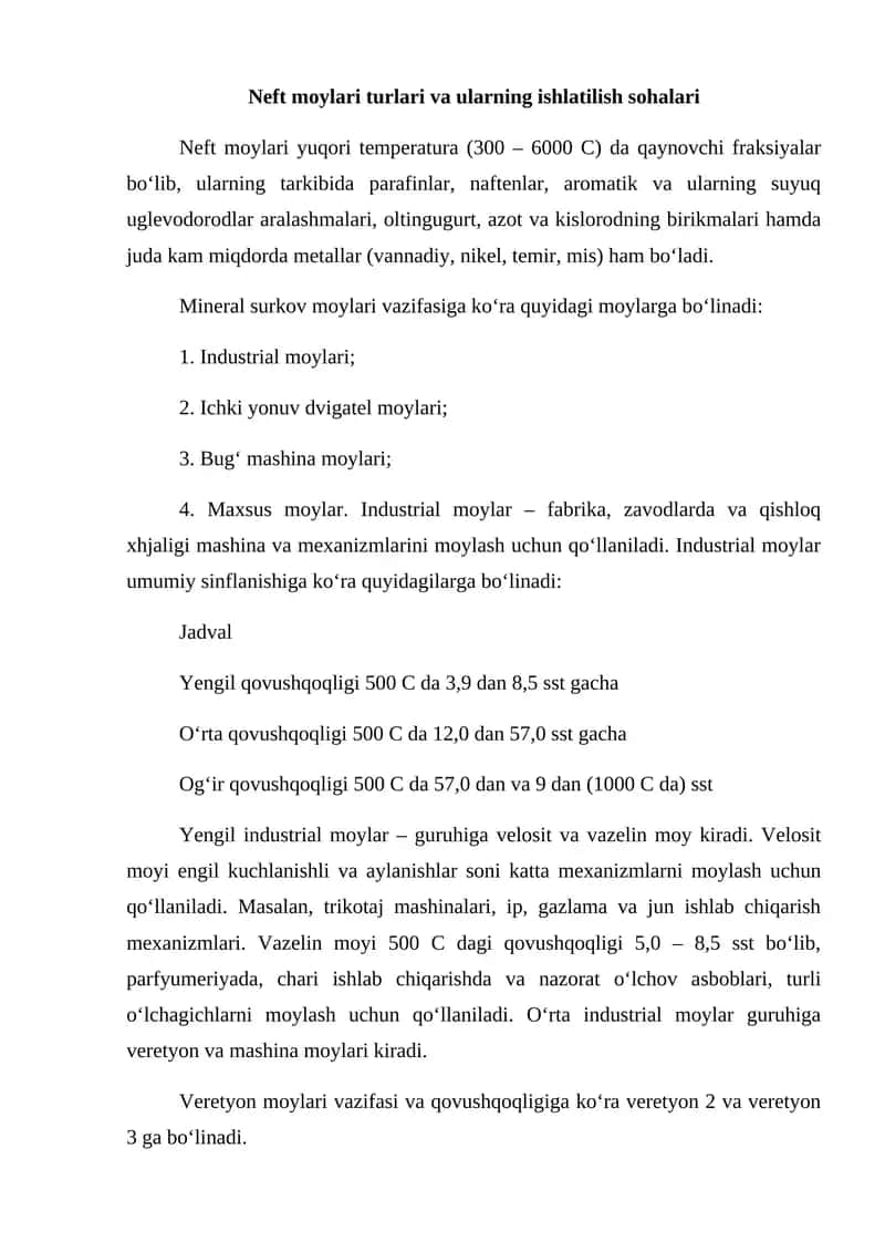 Neft moylari turlari va ularning ishlatilish sohalari