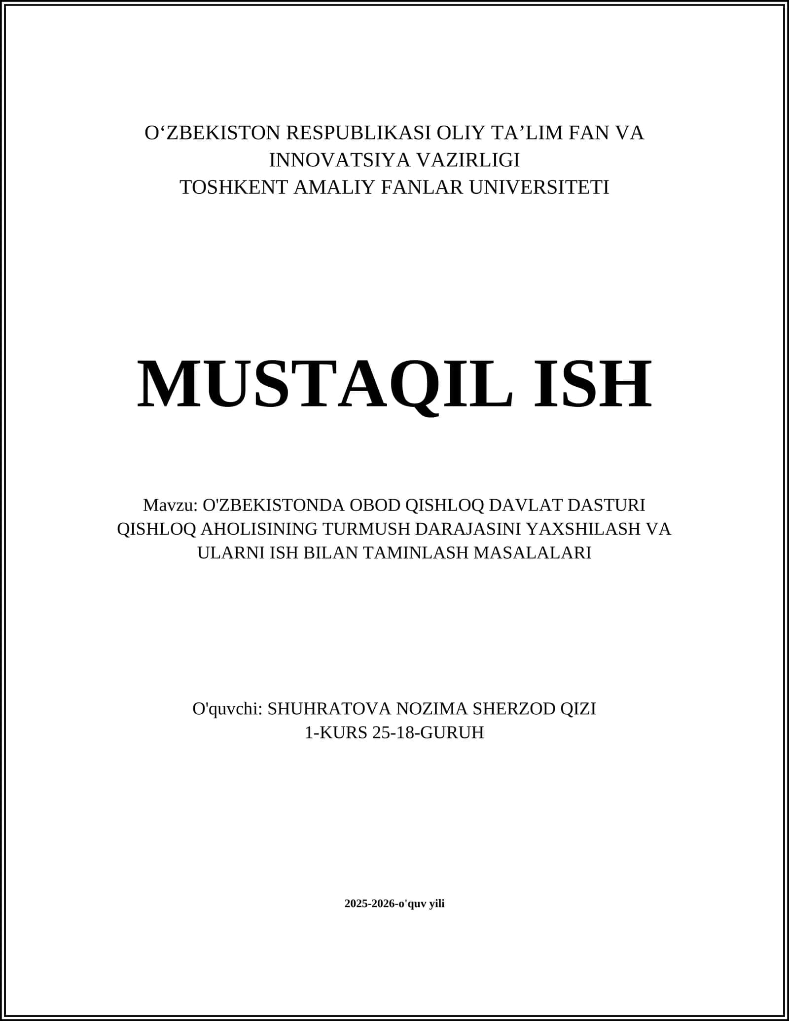 O'ZBEKISTONDA OBOD QISHLOQ DAVLAT DASTURI QISHLOQ AHOLISINING TURMUSH DARAJASINI YAXSHILASH VA ULARNI ISH BILAN TAMINLASH MASALALARI
