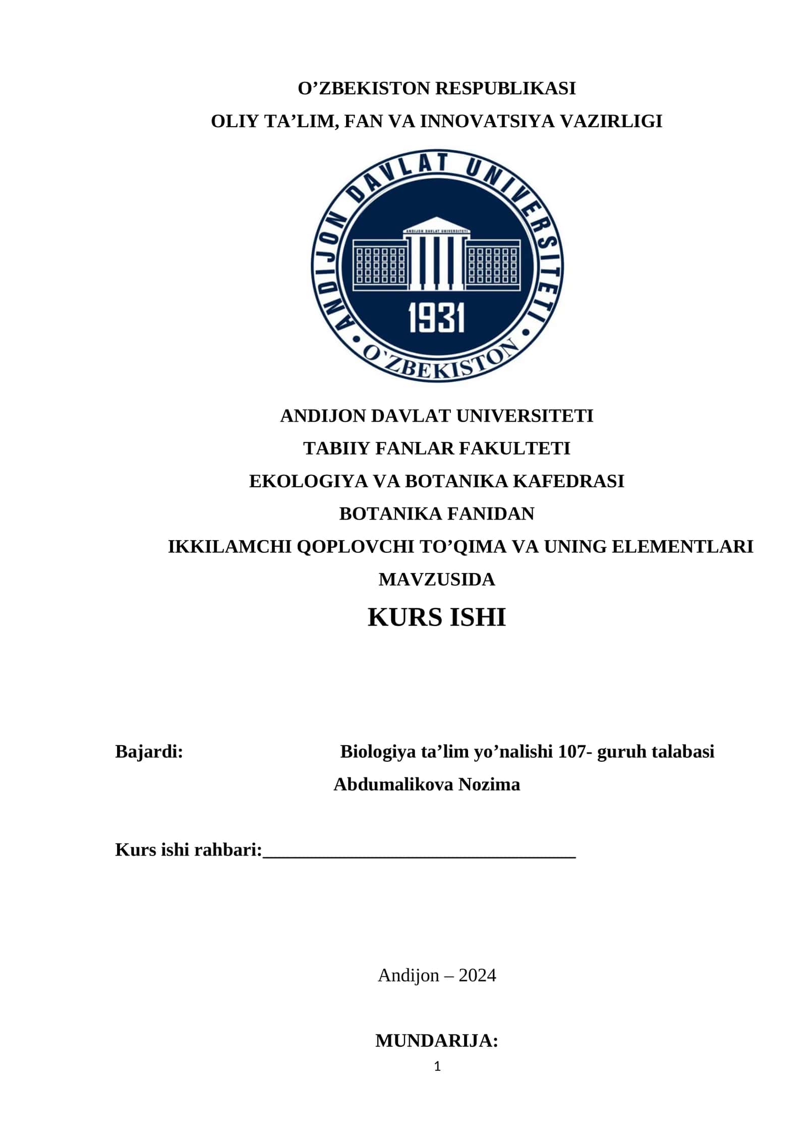 IKKILAMCHI QOPLOVCHI TO’QIMA VA UNING ELEMENTLARI MAVZUSIDA KURS ISHI
