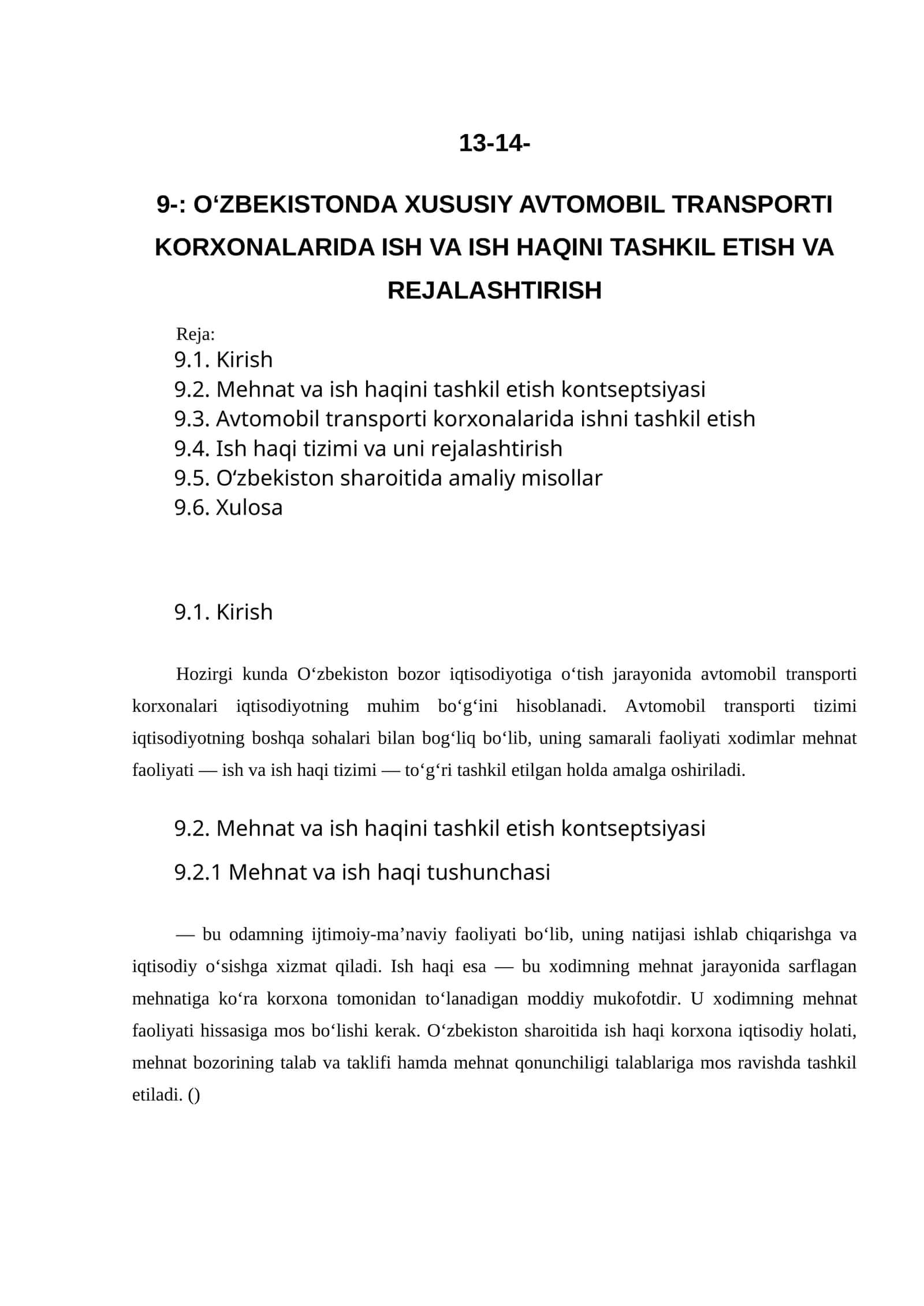 O‘ZBEKISTONDA XUSUSIY AVTOMOBIL TRANSPORTI KORXONALARIDA ISH VA ISH HAQINI TASHKIL ETISH VA REJALASHTIRISH