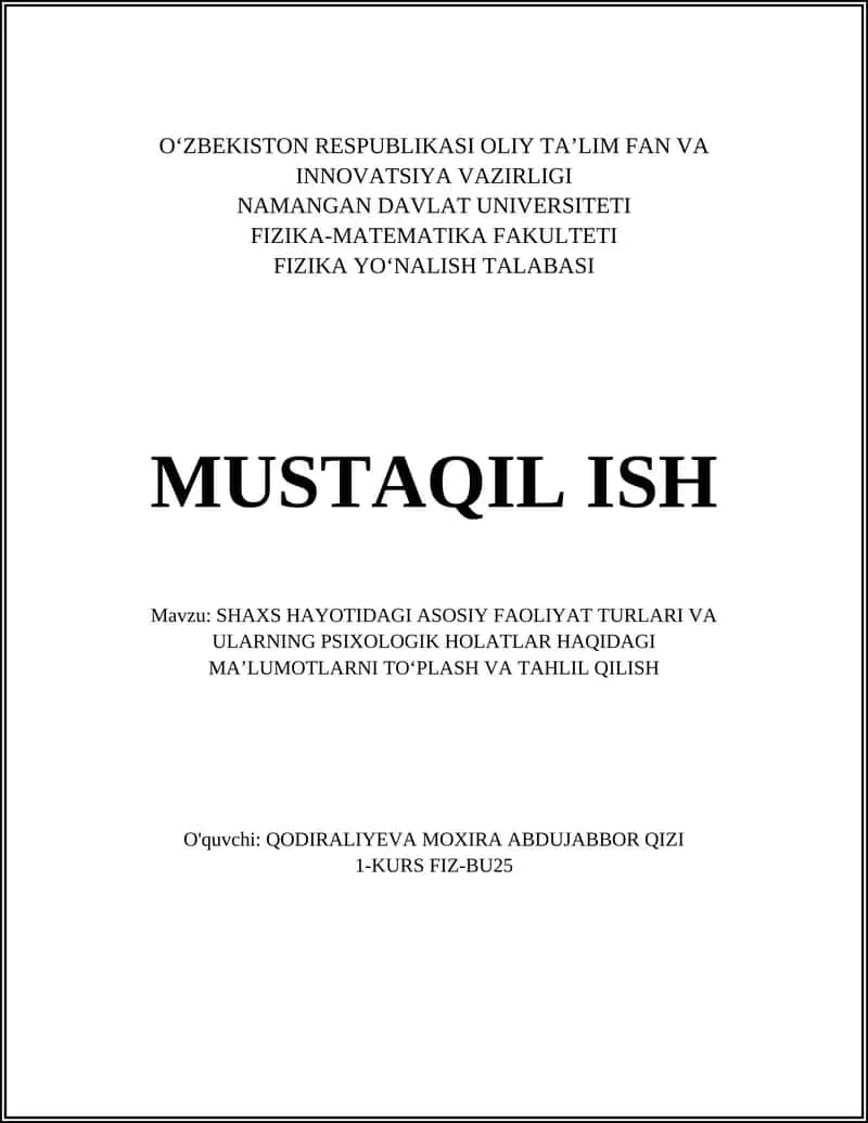 Oilaviy faoliyat va uning psixologik holatlarga ta'siri