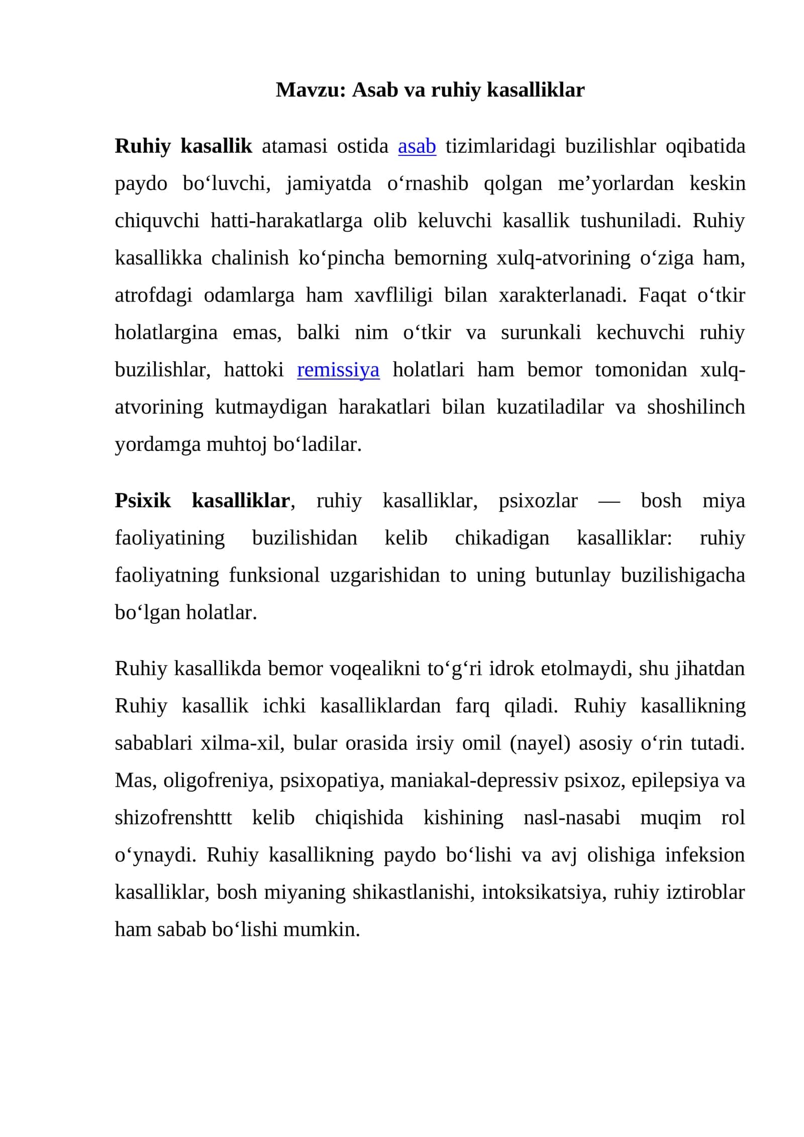 Asab va ruhiy kasalliklar