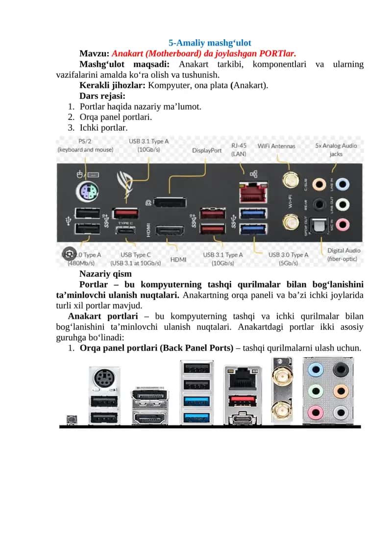 Anakart (Motherboard) da joylashgan PORTlar
