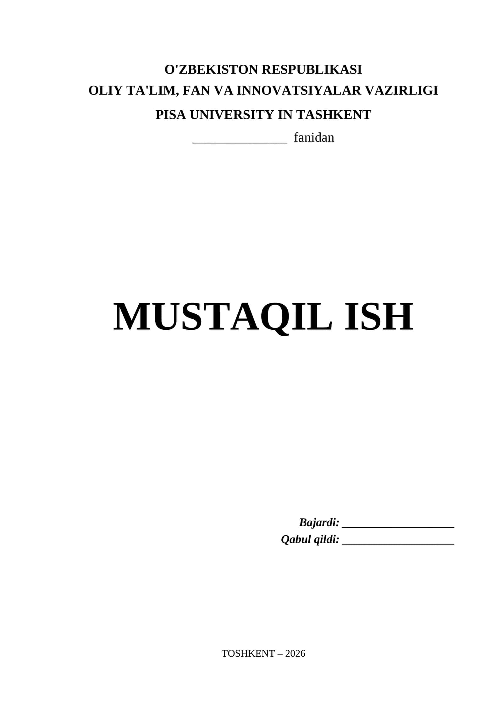 Pisa University in Tashkent Mustaqil Ish Titul Varaq (.docx)