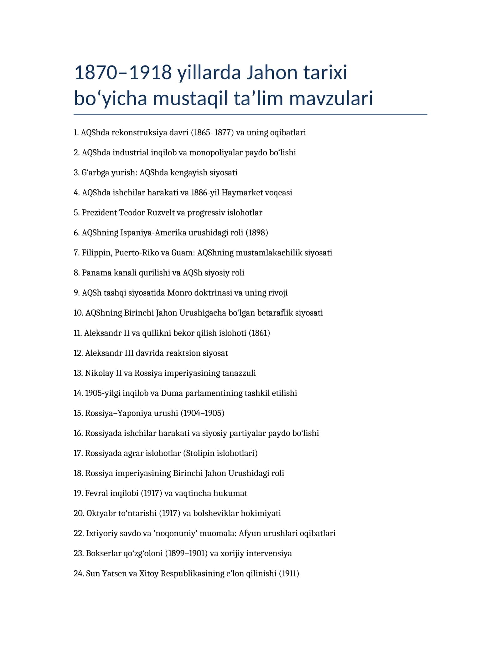 1870–1918 yillarda Jahon tarixi bo‘yicha mustaqil ta’lim mavzulari