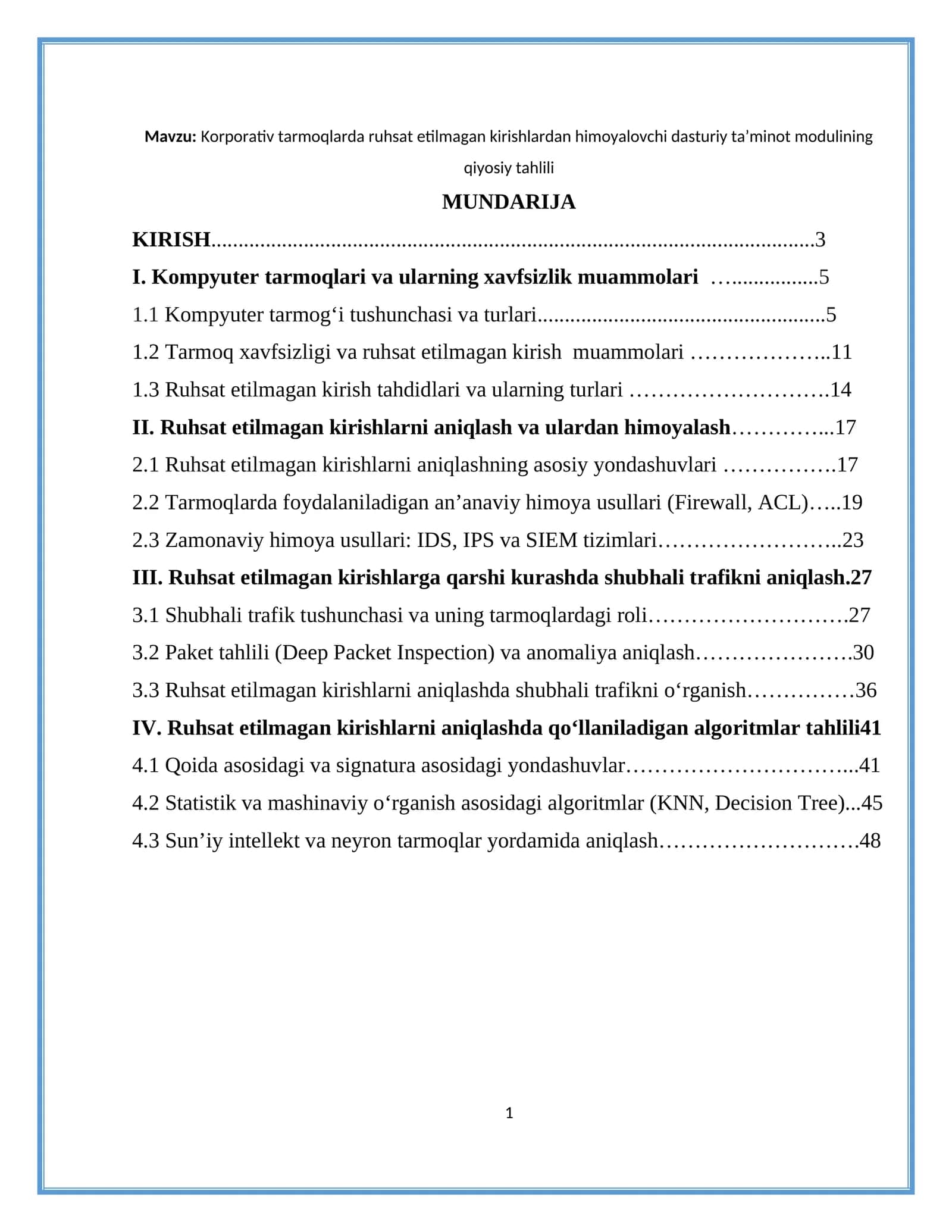 Korporativ tarmoqlarda ruhsat etilmagan kirishlardan himoyalovchi dasturiy ta’minot modulining qiyosiy tahlili