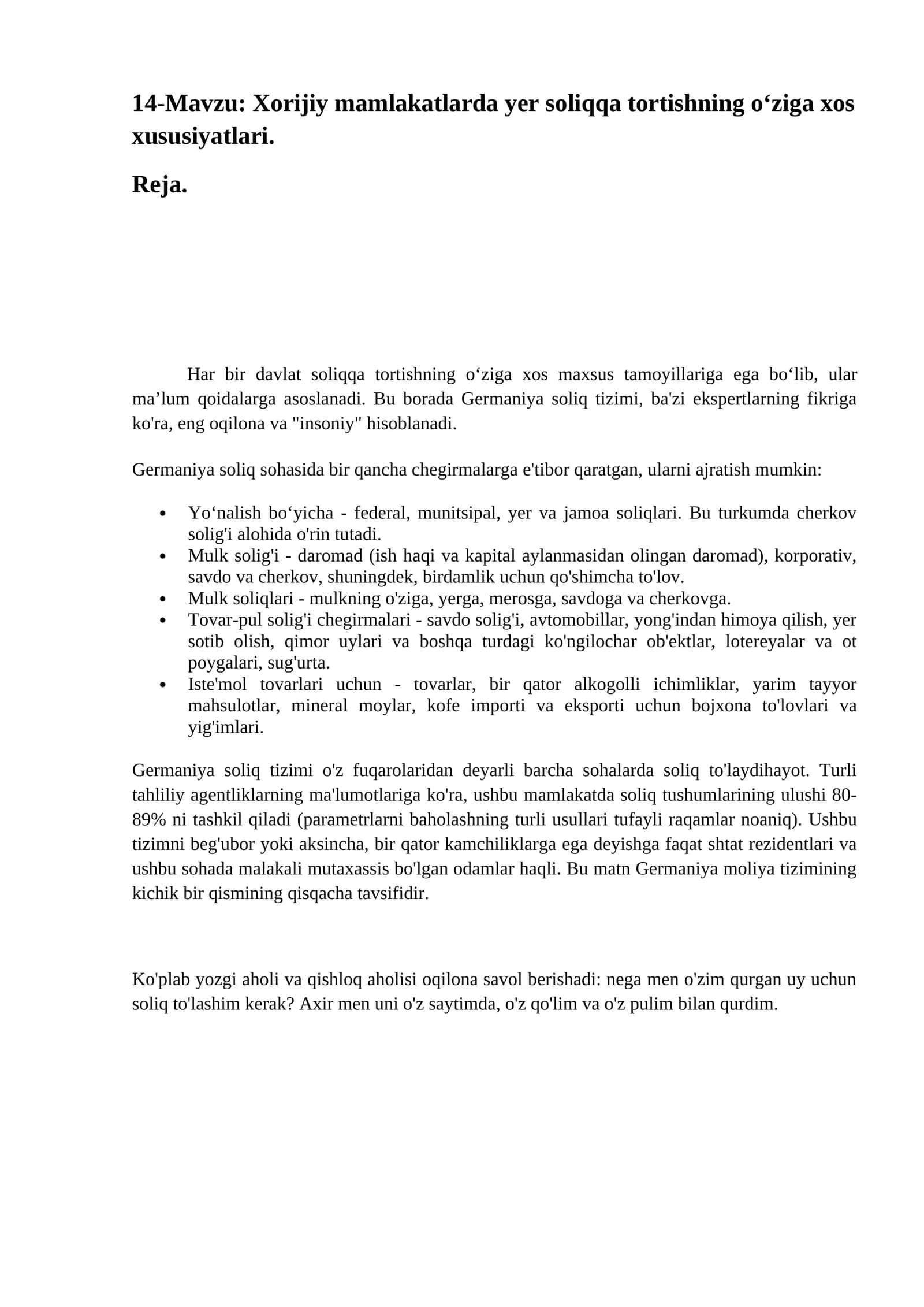 Xorijiy mamlakatlarda yer soliqqa tortishning o‘ziga xos xususiyatlari