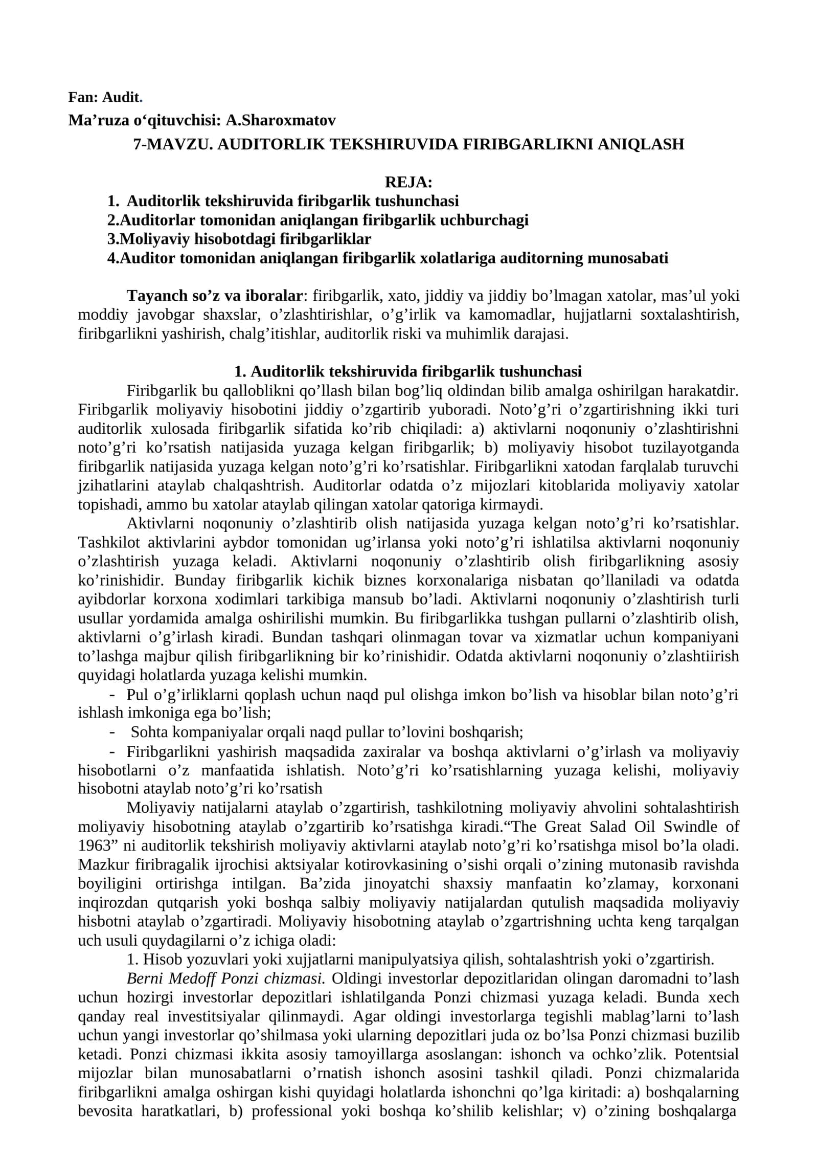 AUDITORLIK TEKSHIRUVIDA FIRIBGARLIKNI ANIQLASH
