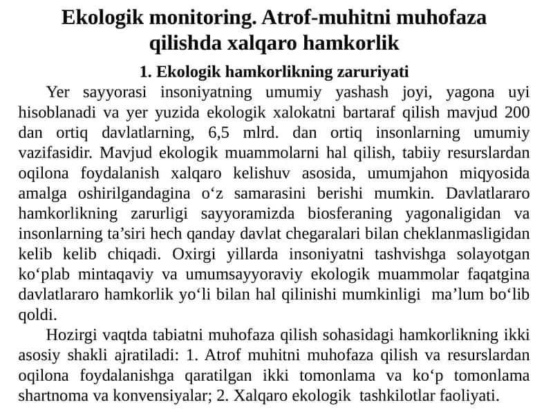 Ekologik monitoring. Atrof-muhitni muhofaza qilishda xalqaro hamkorlik