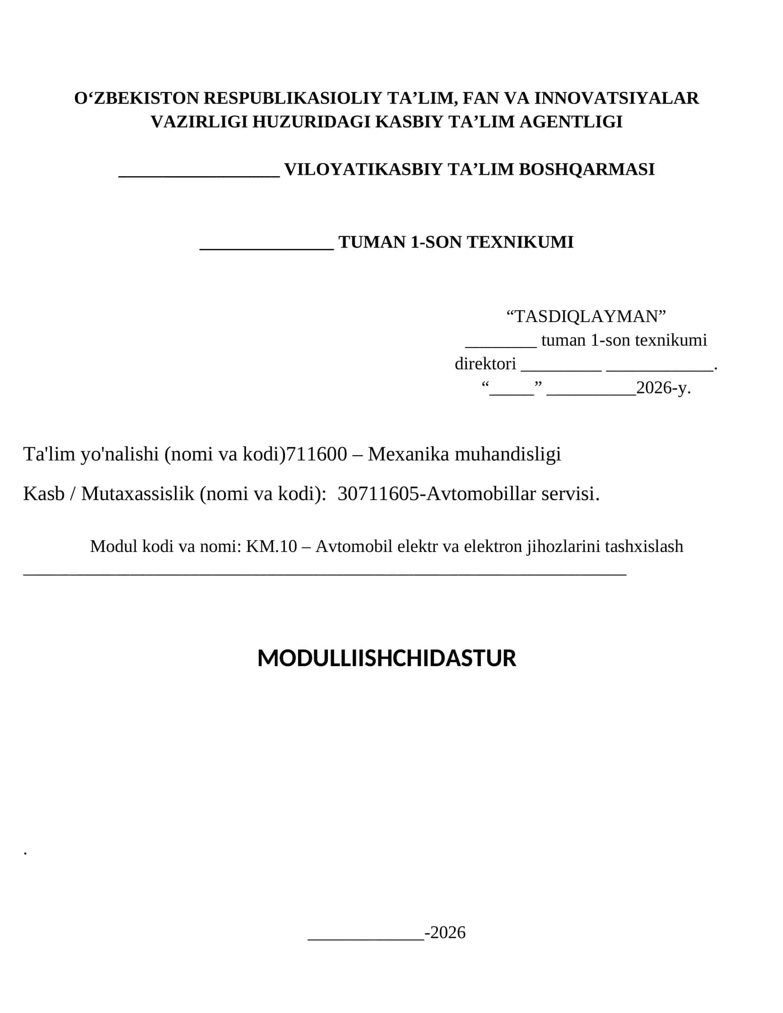 KM.10 – Avtomobil elektr va elektron jihozlarini tashxislash