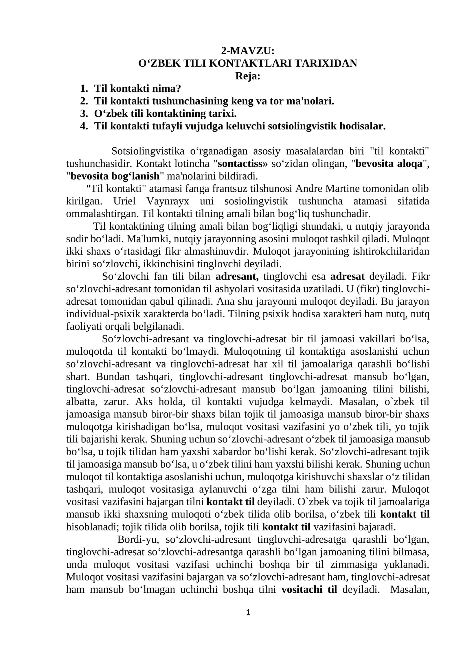 O‘ZBEK TILI KONTAKTLARI TARIXIDAN