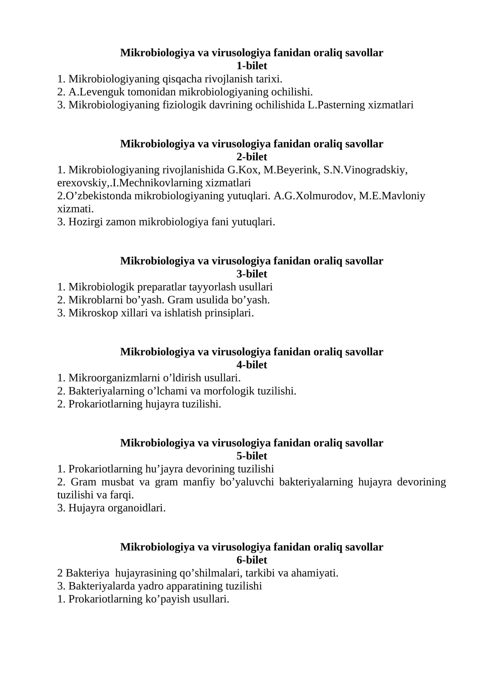 Mikrobiologiya va virusologiya fanidan oraliq savollar