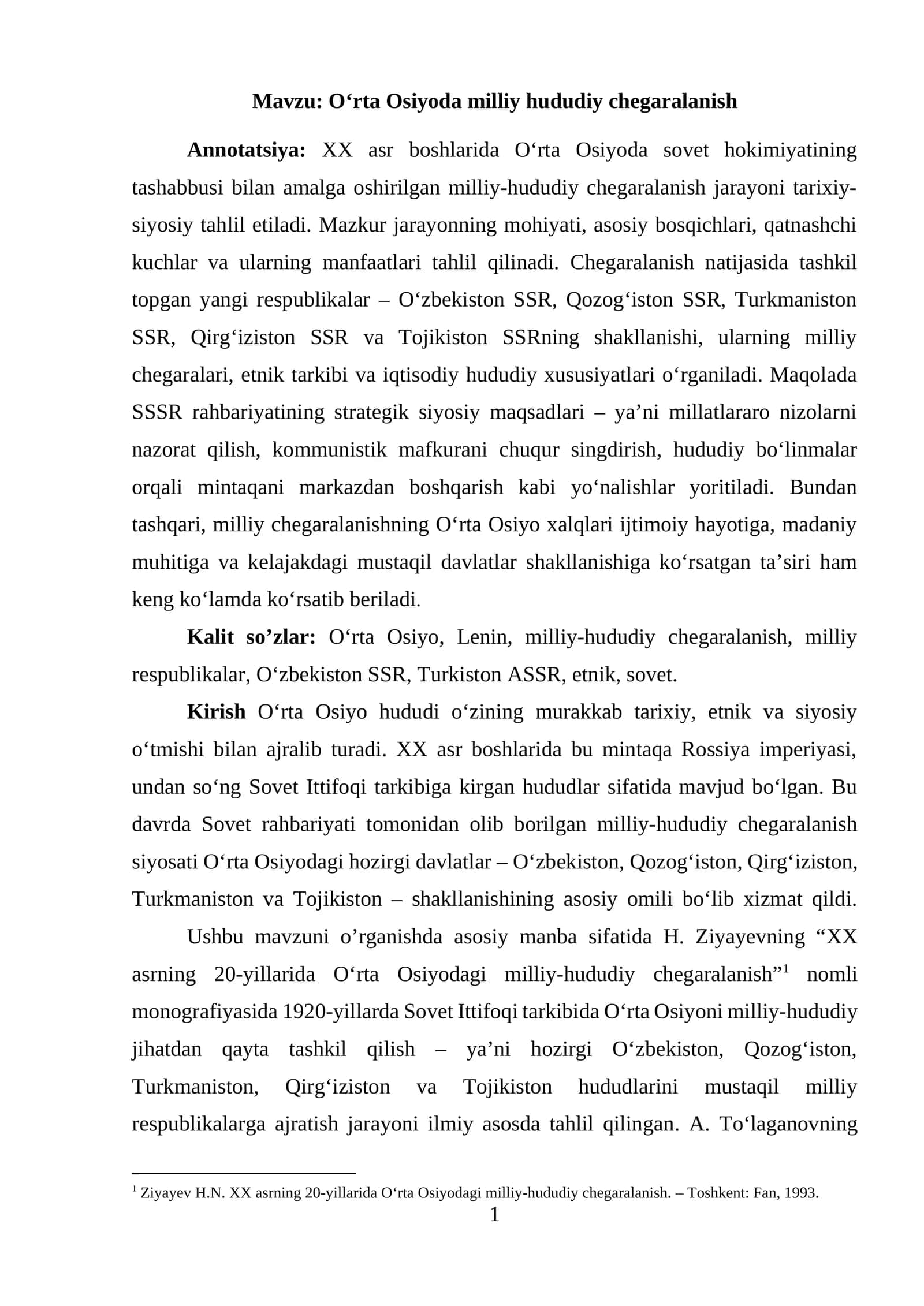 O‘rta Osiyoda milliy hududiy chegaralanish