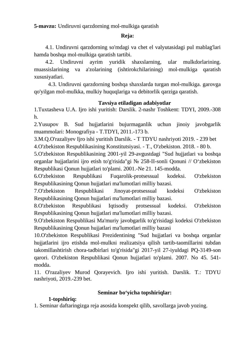 Undiruvni qarzdorning mol-mulkiga qaratish