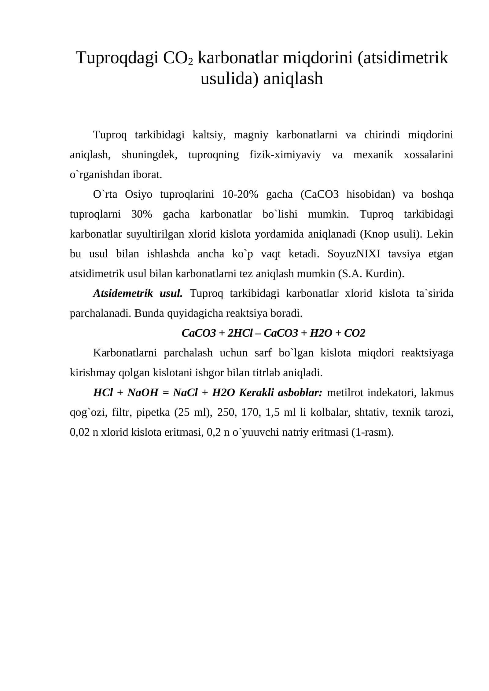 Tuproqdagi CO2 karbonatlar miqdorini (atsidimetrik usulida) aniqlash