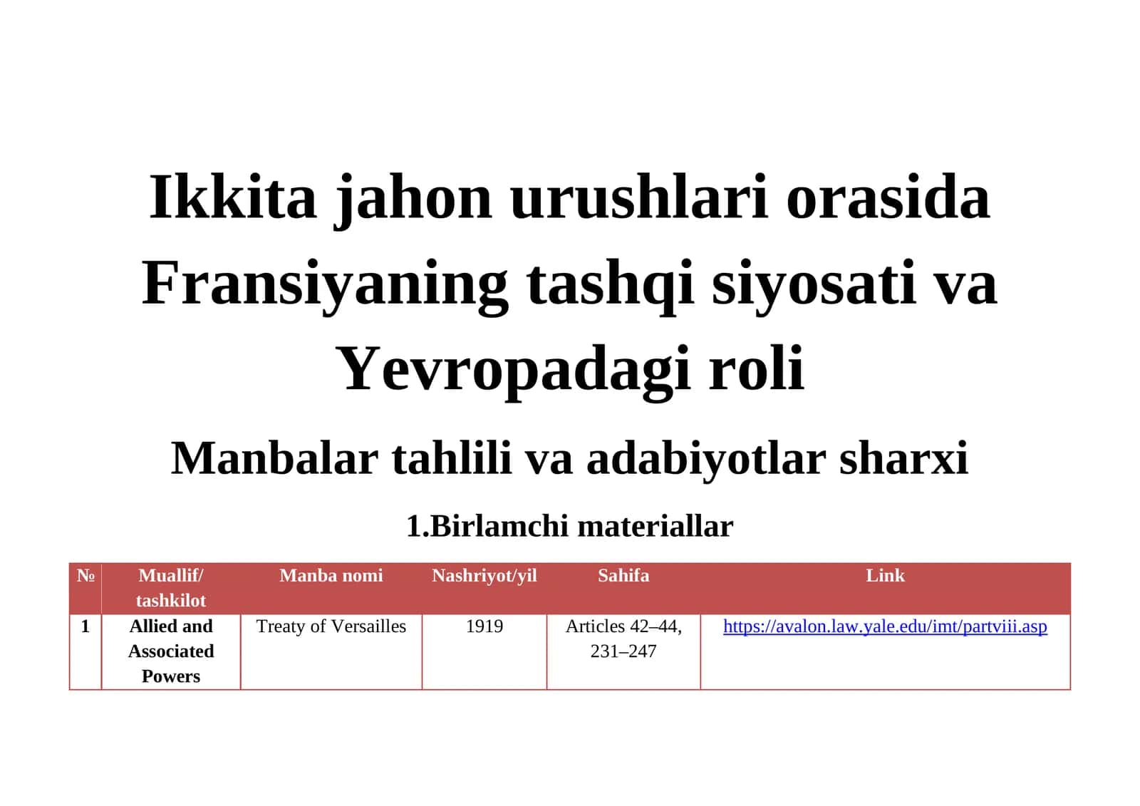 Manbalar tahlili va adabiyotlar sharxi