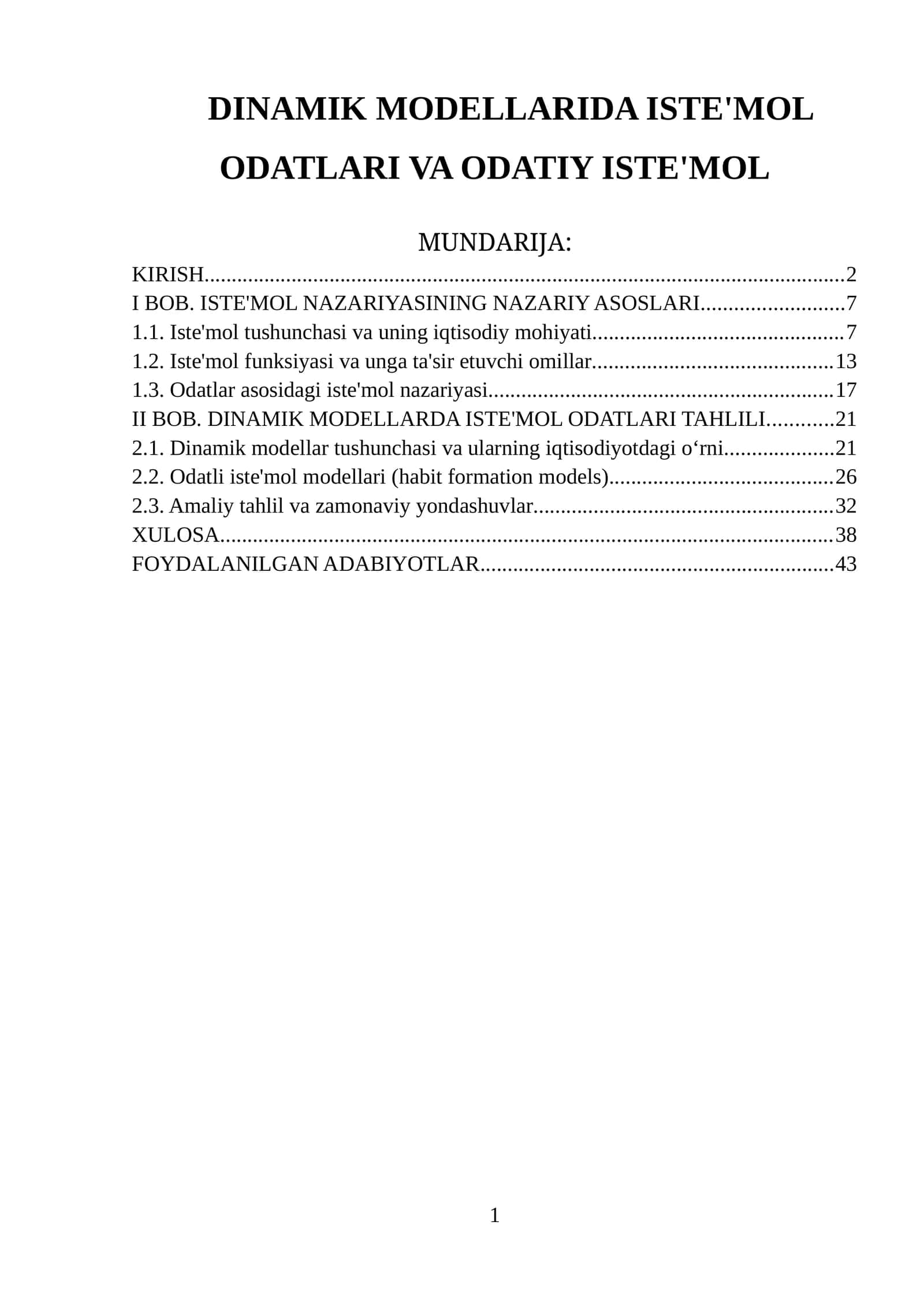 DINAMIK MODELLARIDA ISTE'MOL ODATLARI VA ODATIY ISTE'MOL