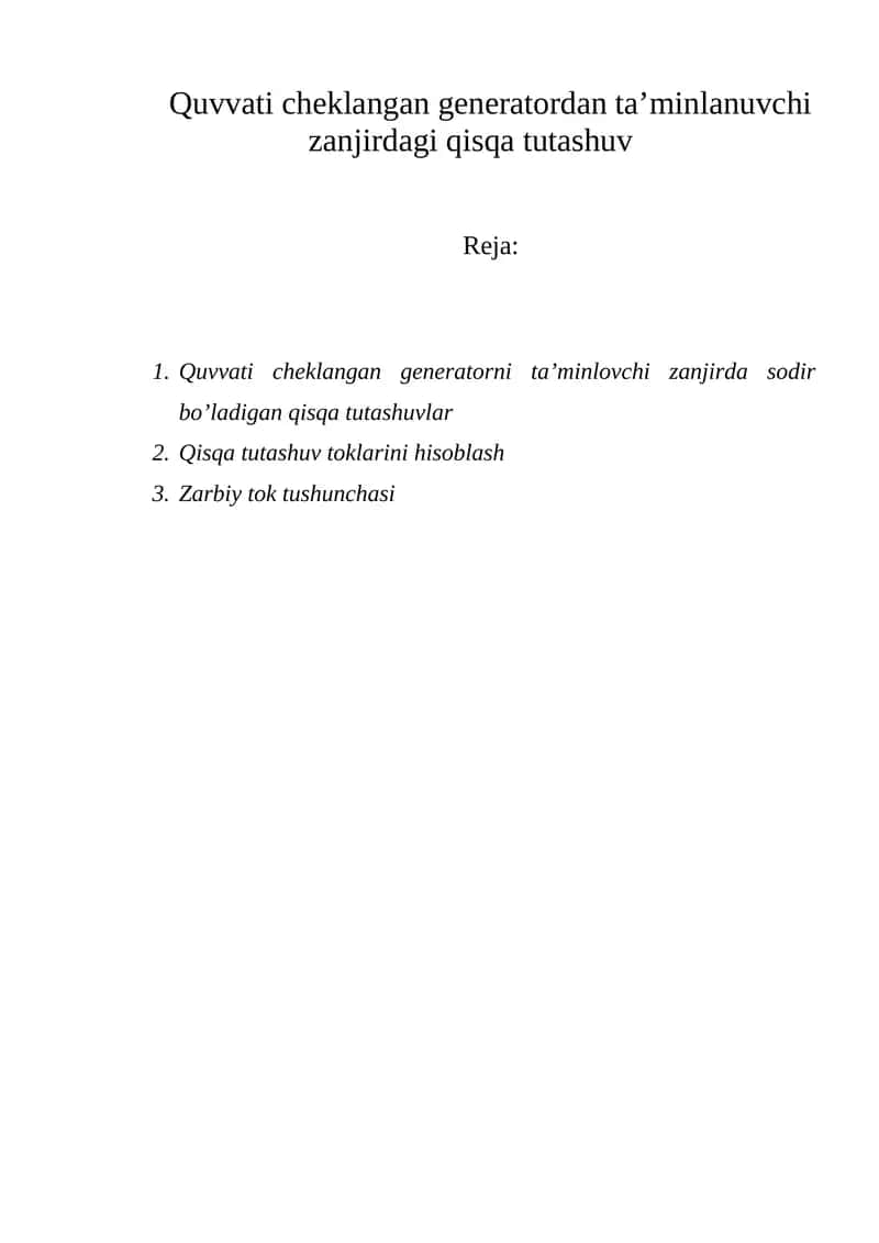Quvvati cheklangan generatordan ta’minlanuvchi zanjirdagi qisqa tutashuv