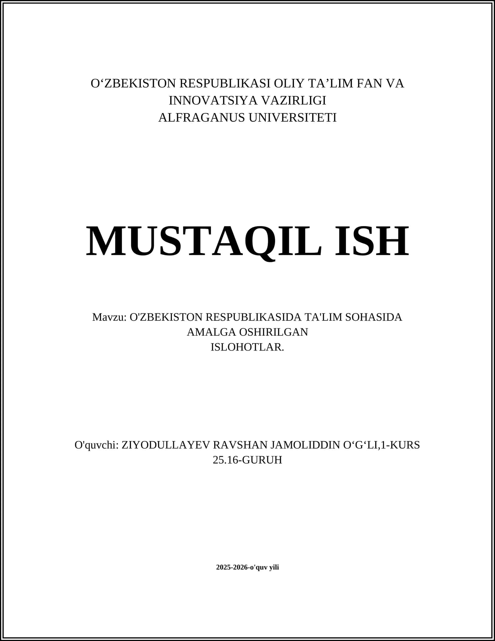 O'ZBEKISTON RESPUBLIKASIDA TA'LIM SOHASIDA AMALGA OSHIRILGAN