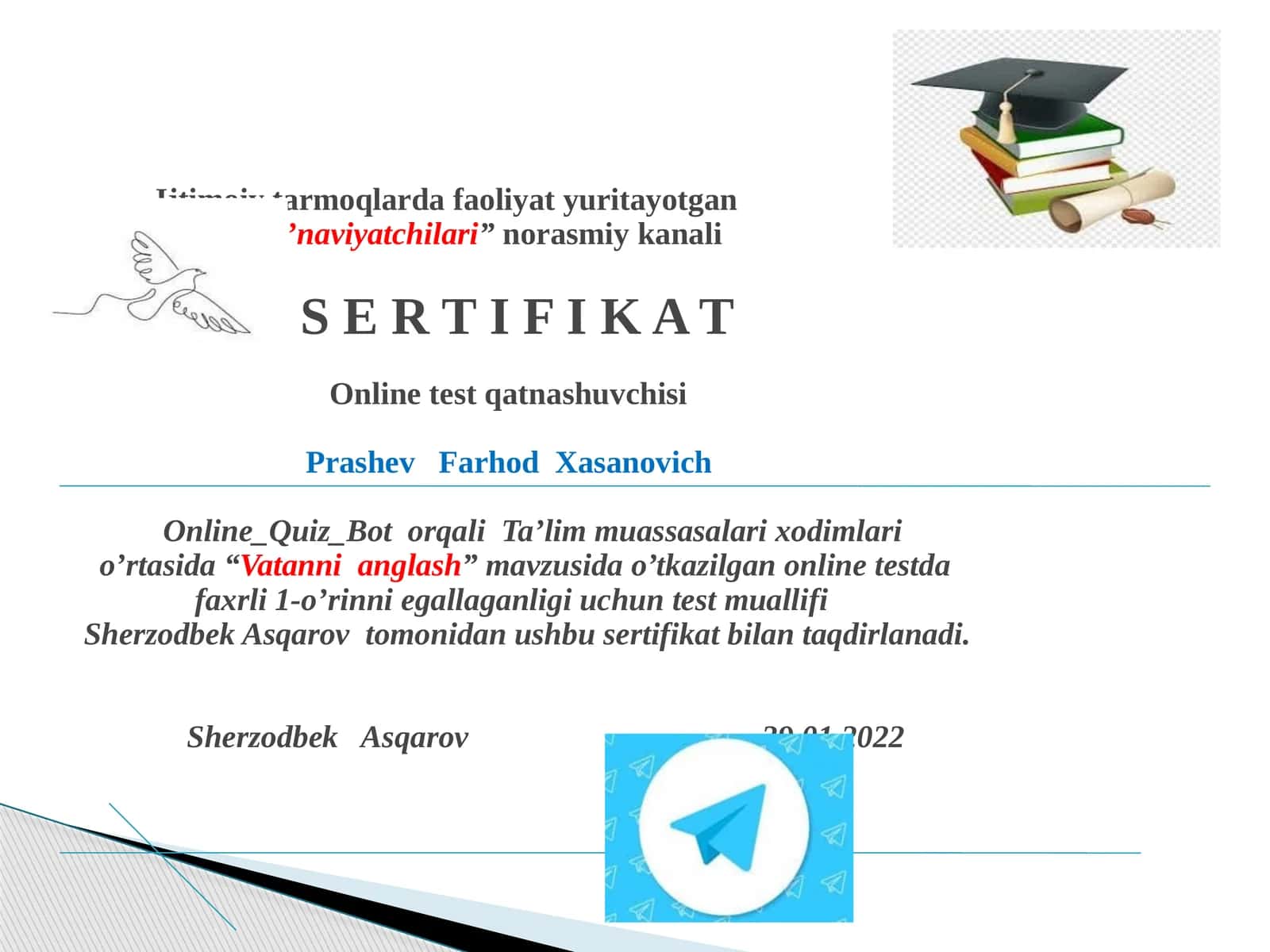 "Vatanni anglash" mavzusida o'tkazilgan onlayn test