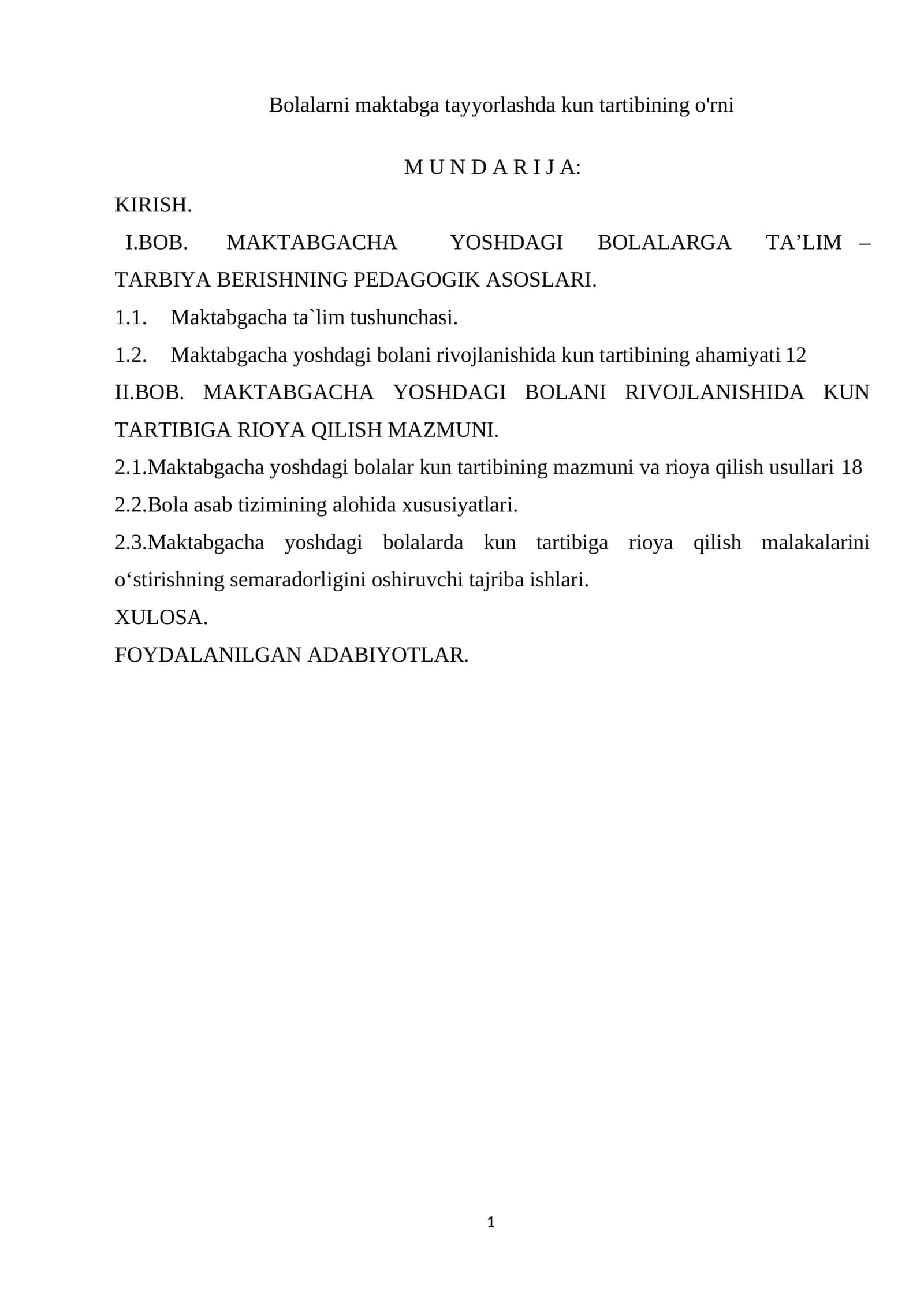 Bolalarni maktabga tayyorlashda kun tartibining o'rni