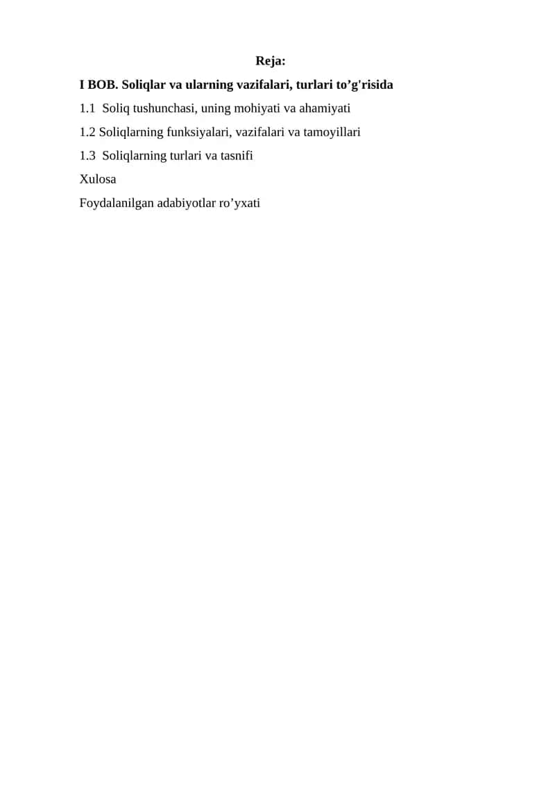 Soliqlar va ularning vazifalari, turlari to’g'risida