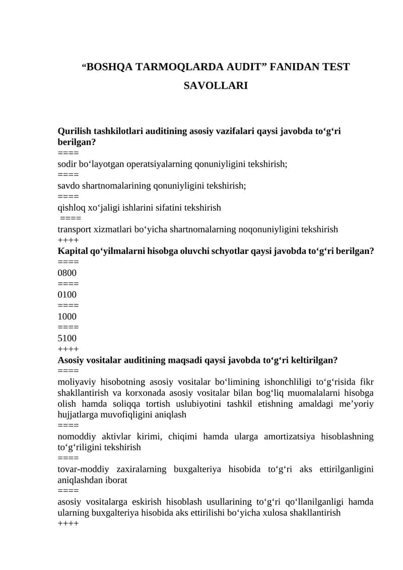 "BOSHQA TARMOQLARDA AUDIT" FANIDAN TEST SAVOLLARI