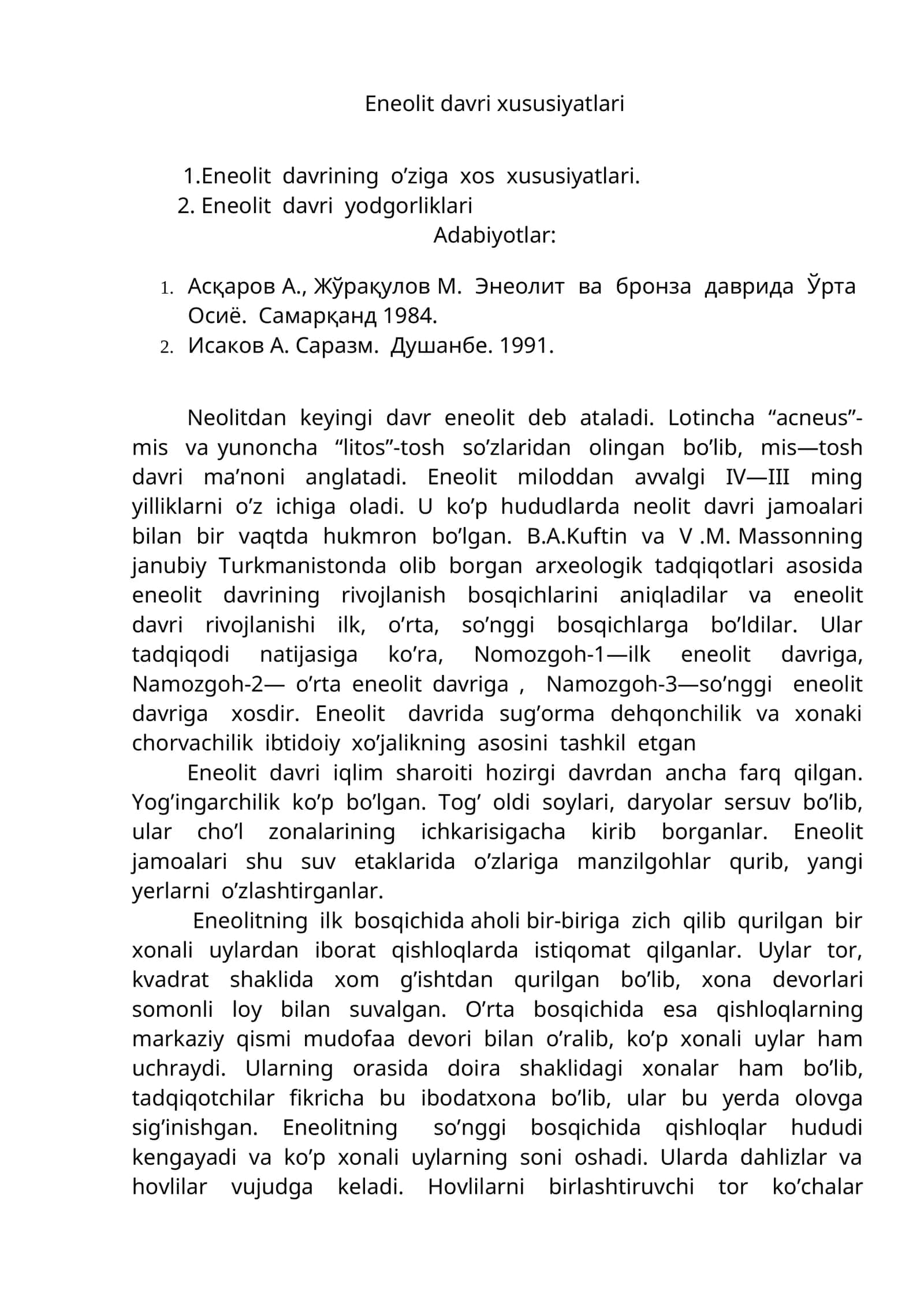 Eneolit davri xususiyatlari