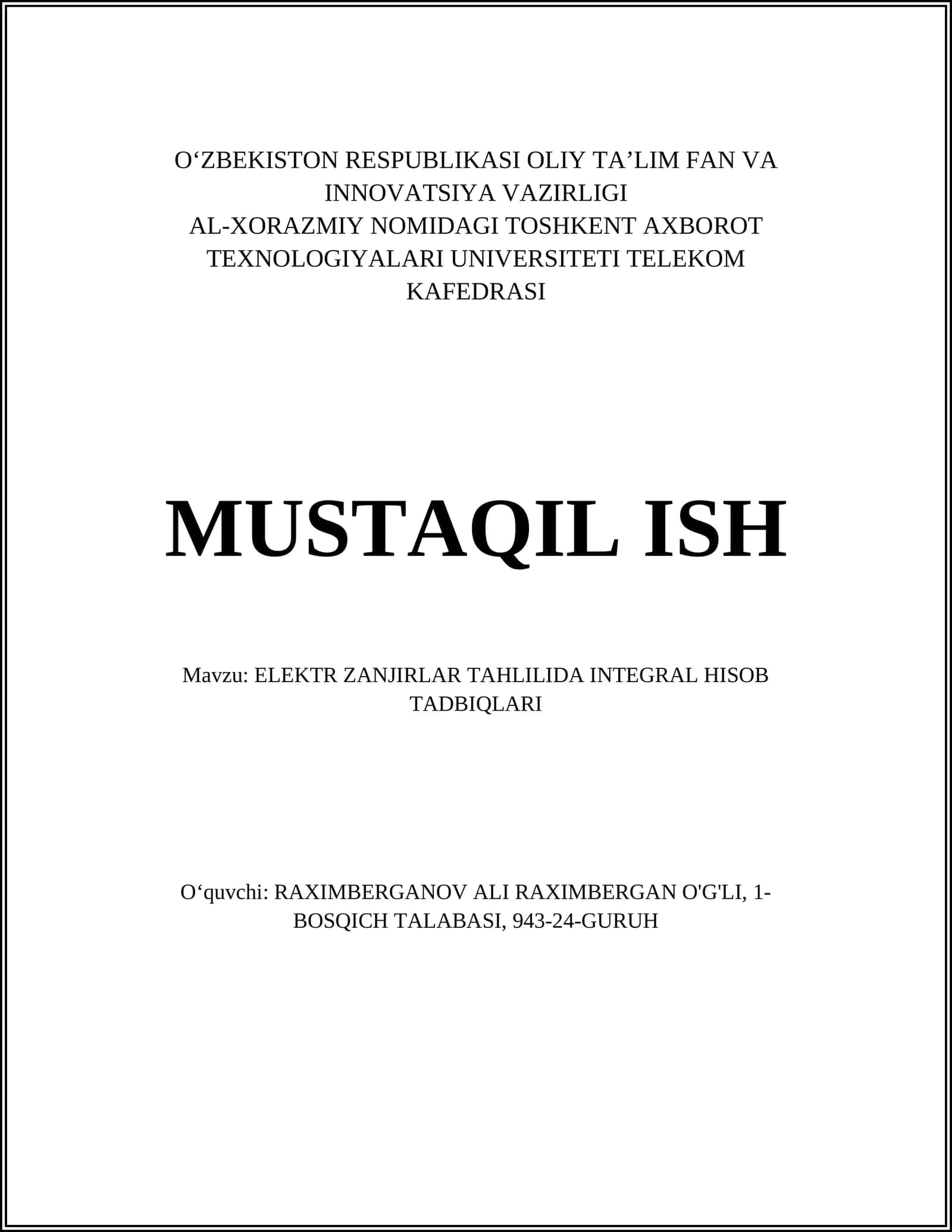 ELEKTR ZANJIRLAR TAHLILIDA INTEGRAL HISOB TADBIQLARI