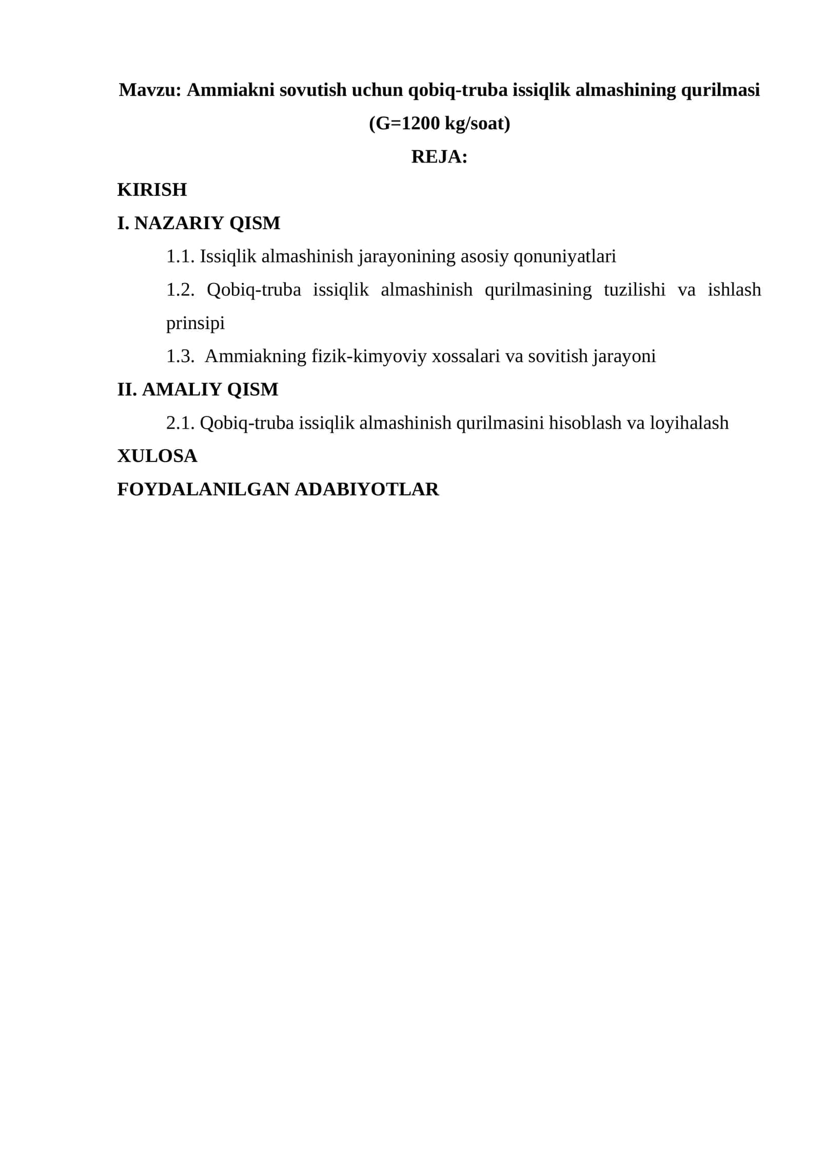 Ammiakni sovutish uchun qobiq-truba issiqlik almashining qurilmasi (G=1200 kg/soat)
