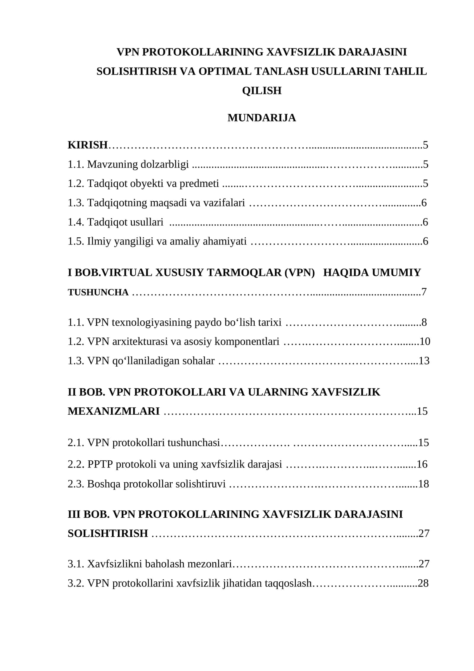 VPN PROTOKOLLARINING XAVFSIZLIK DARAJASINI SOLISHTIRISH VA OPTIMAL TANLASH USULLARINI TAHLIL QILISH