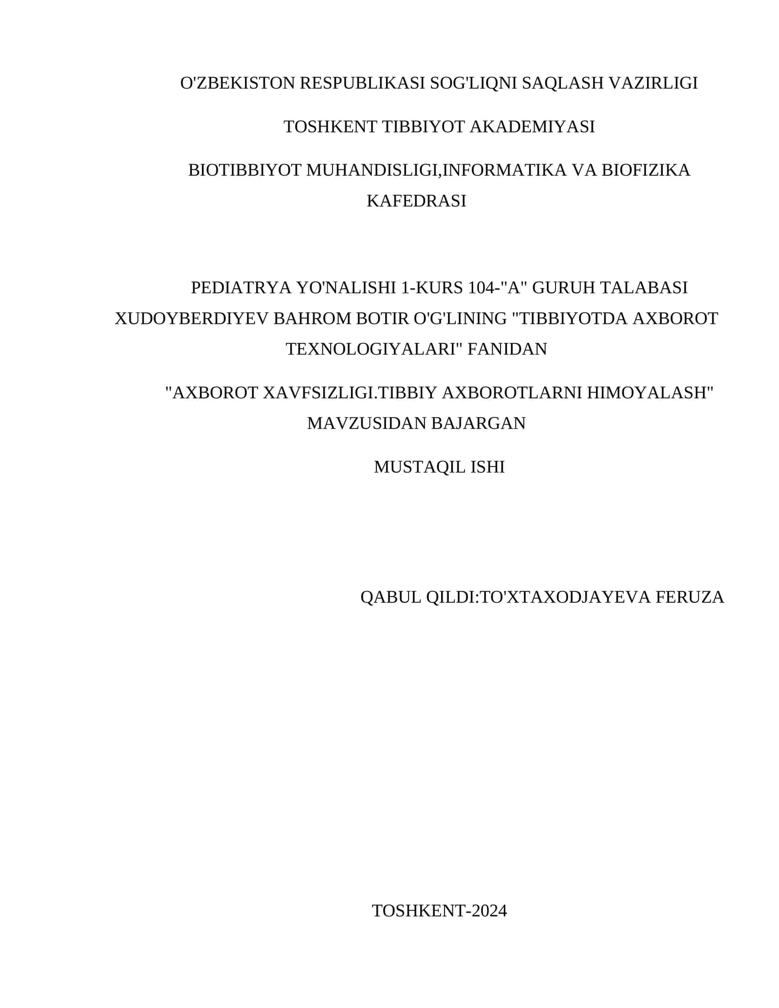 AXBOROT XAVFSIZLIGI.TIBBIY AXBOROTLARNI HIMOYALASH