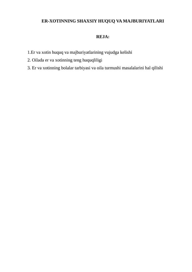 ER-XOTINNING SHAXSIY HUQUQ VA MAJBURIYATLARI