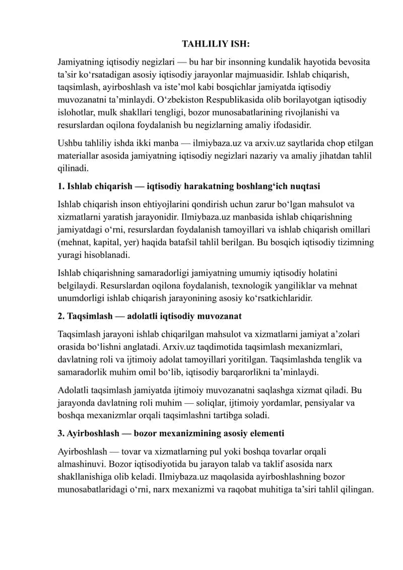 Jamiyatning iqtisodiy negizlari tahliliy ish