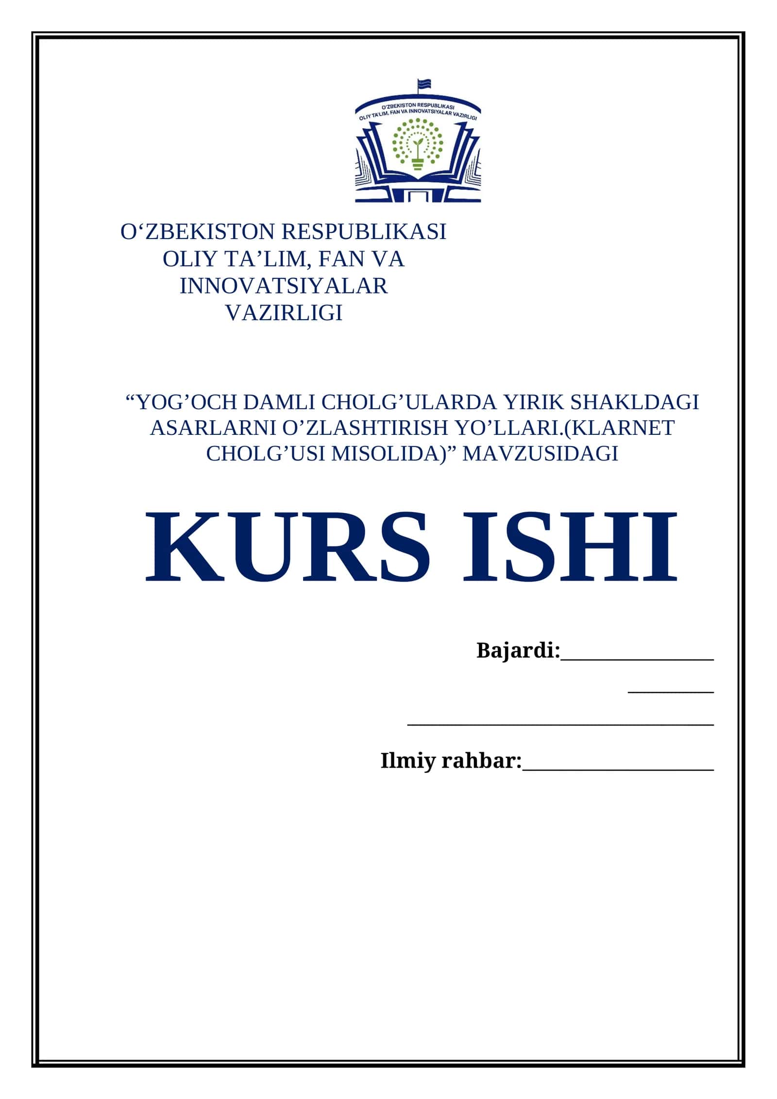 YOG’OCH DAMLI CHOLG’ULARDA YIRIK SHAKLDAGI ASARLARNI O’ZLASHTIRISH YO’LLARI.(KLARNET CHOLG’USI MISOLIDA)