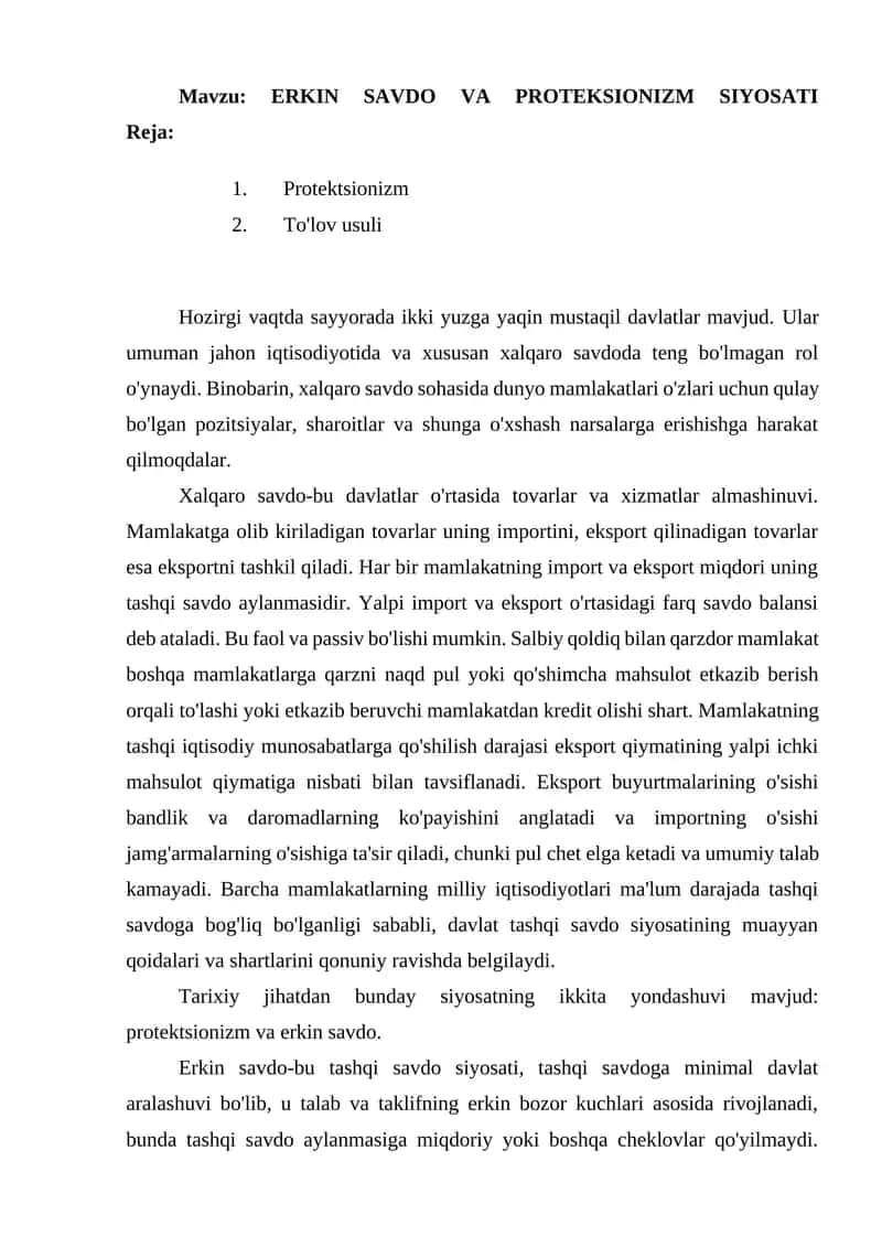ERKIN SAVDO VA PROTEKSIONIZM SIYOSATI