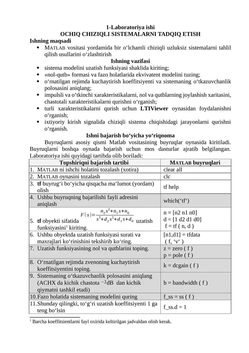 Laboratoriya ishi - OCHIQ CHIZIQLI SISTEMALARNI TADQIQ ETISH