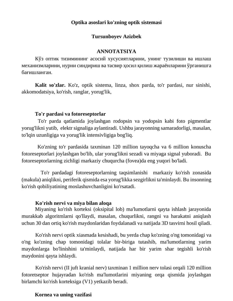 Optika asoslari ko'zning optik sistemasi