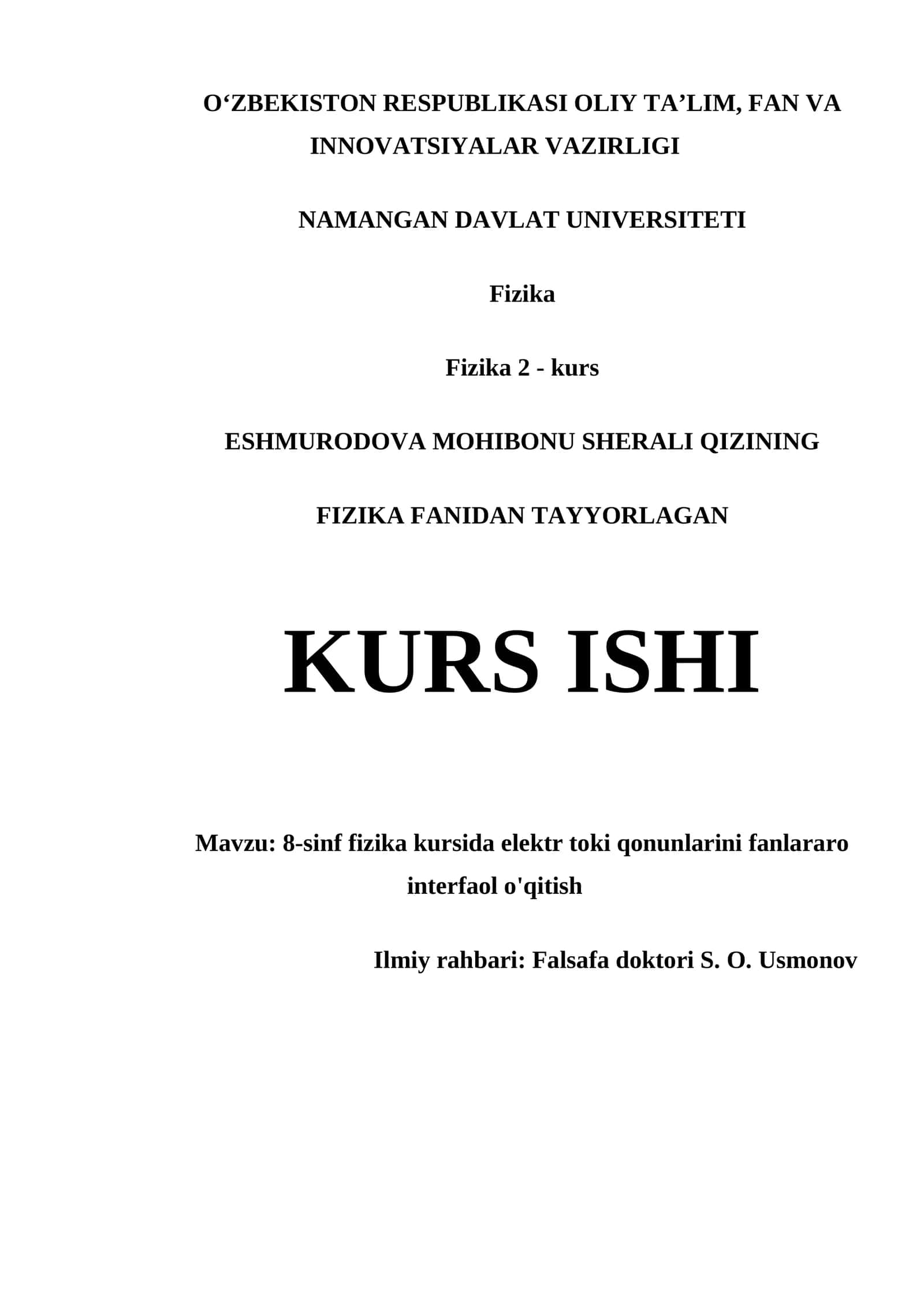 FIZIKA FANIDAN TAYYORLAGAN KURS ISHI