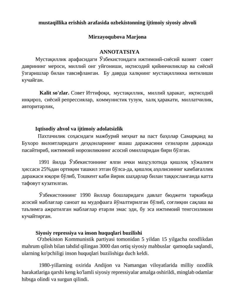 Mustaqillika erishish arafasida O'zbekistonning ijtimoiy siyosiy ahvoli