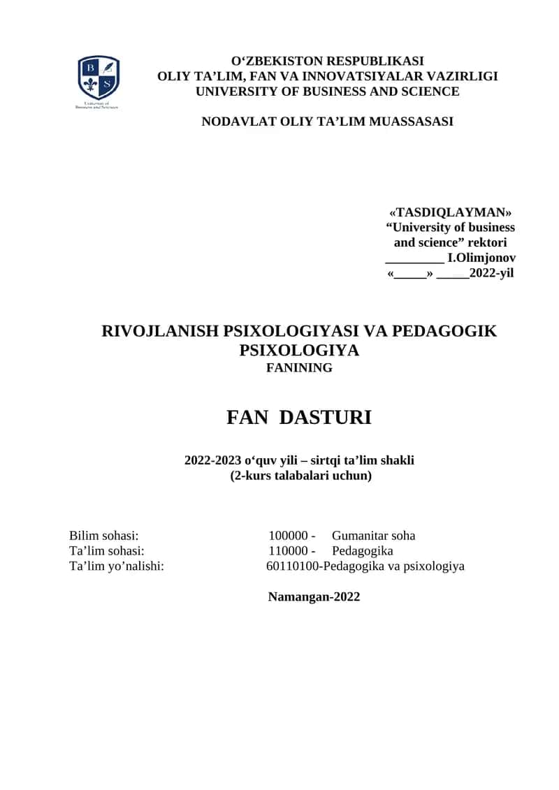 Rivojlanish psixologiyasi va pedagogik psixologiya