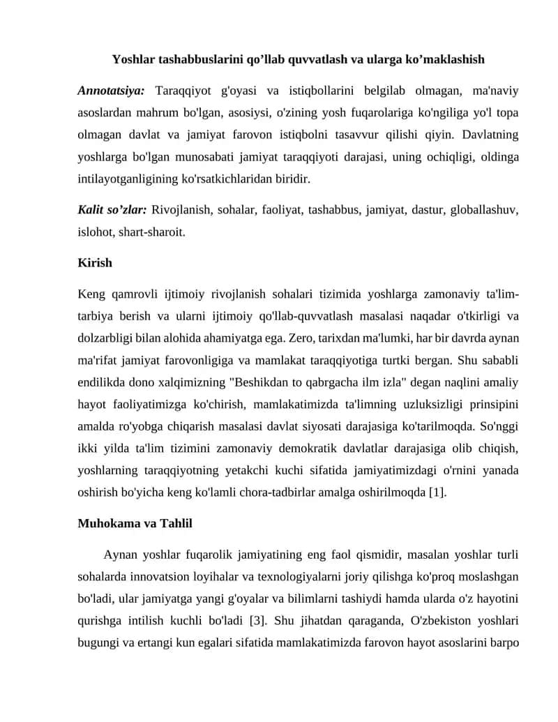 Yoshlar tashabbuslarini qo’llab quvvatlash va ularga ko’maklashish