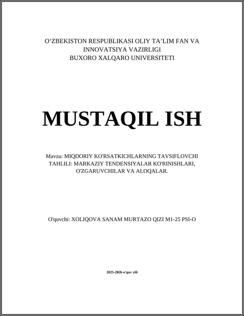 MIQDORIY KO'RSATKICHLARNING TAVSIFLOVCHI TAHLILI