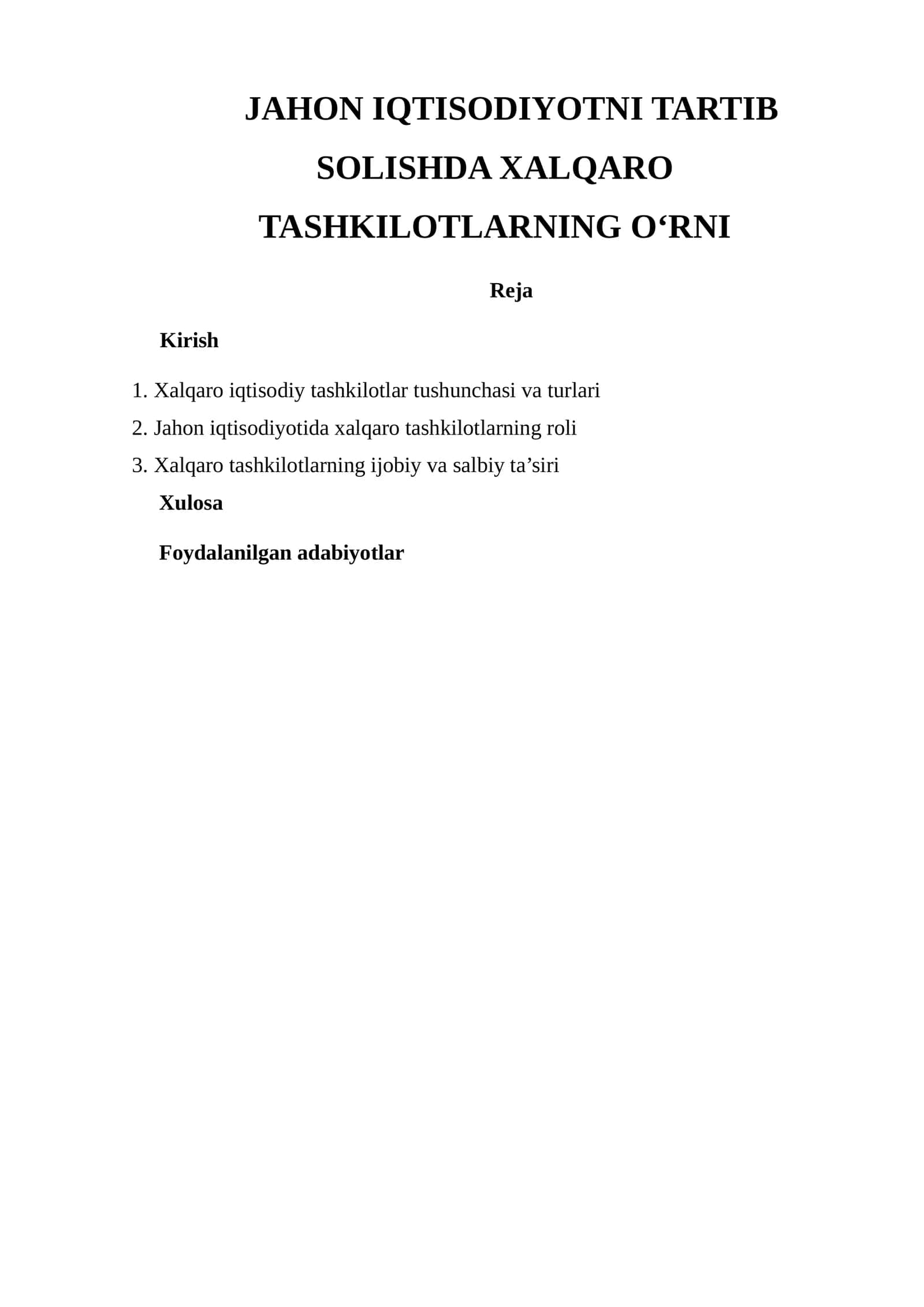 Xalqaro tashkilotlar va jahon iqtisodiyoti