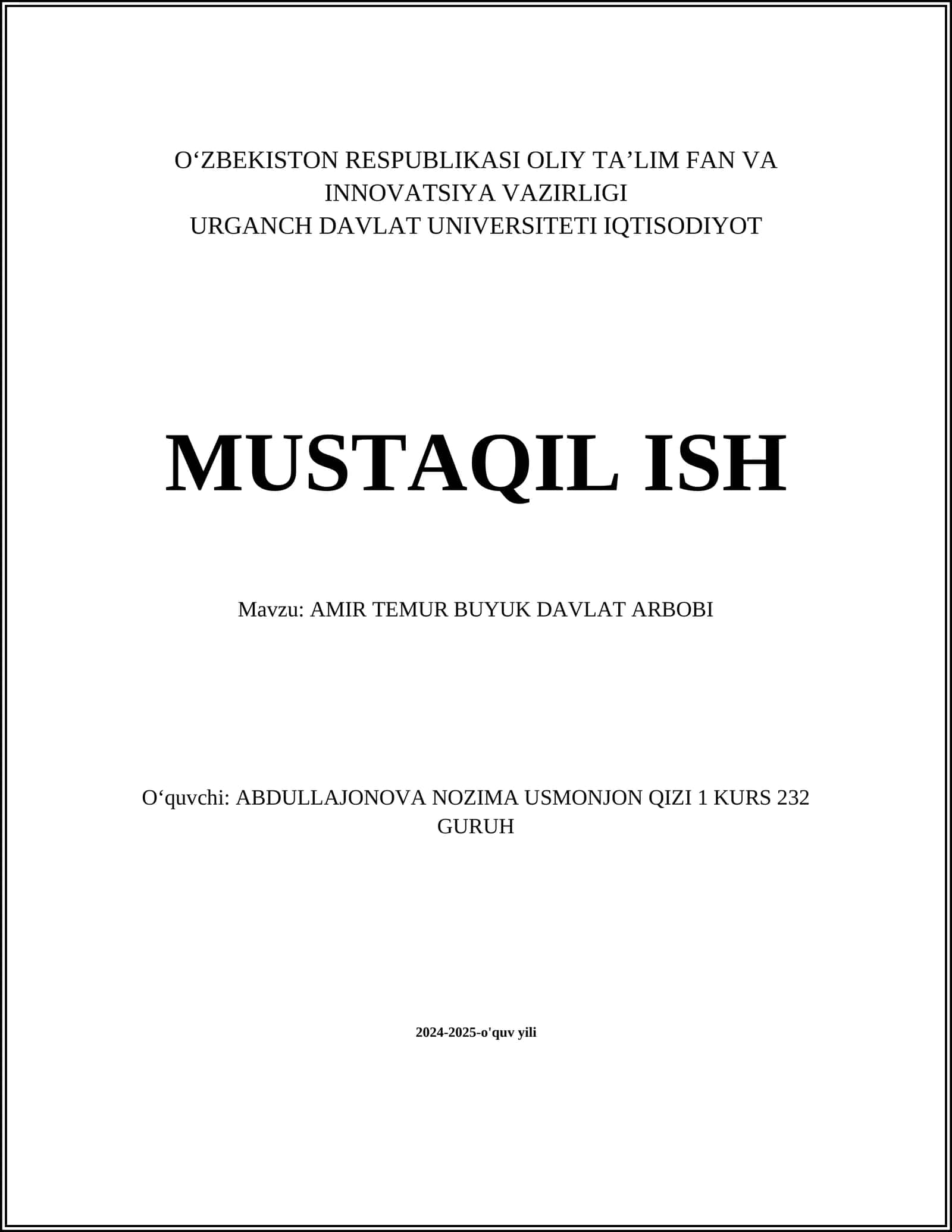 AMIR TEMUR BUYUK DAVLAT ARBOBI